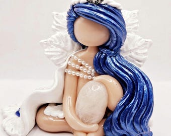 2a. Selene moon goddess holding a moon stone, blue hair and white cape and resin blue flowers, pagan alter pearl accessories moon phase