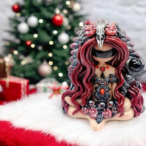 Handmade Morrigan Goddess Statue | Raven Queen, Obsidian Staff, Celtic Altar Decor