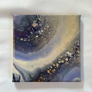 Mini peinture acrylique abstraite originale ciel étoilé sur toile | 15 x 15 cm | Décoration murale colorée avec une touche d'orange brûlé