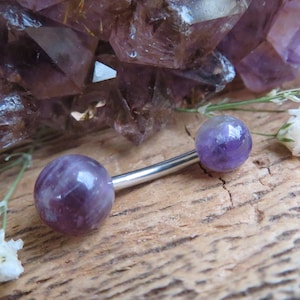 Custom Lengths Amethyst Natural Stone Belly Ring 14g (1.6mm) Piercing 5mm & 8mm Balls