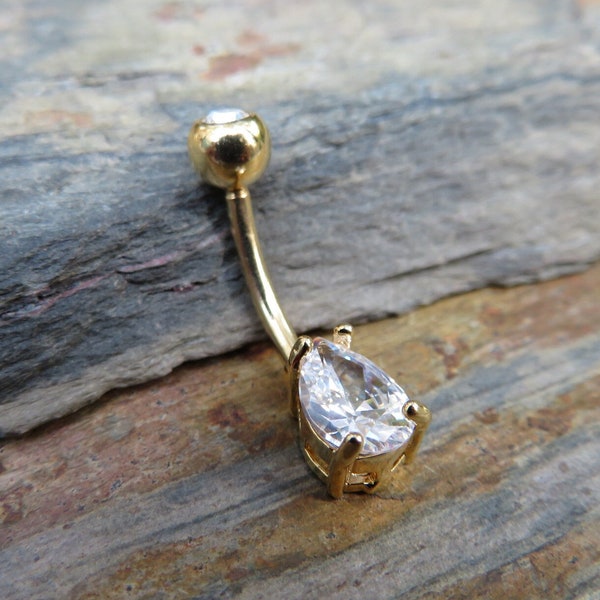 Gold Ion Plated Pear Teardrop Zirconia Belly Ring 14g (1.6mm) Piercing