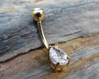 Gold Ion Plated Pear Teardrop Zirconia Belly Ring 14g (1.6mm) Piercing