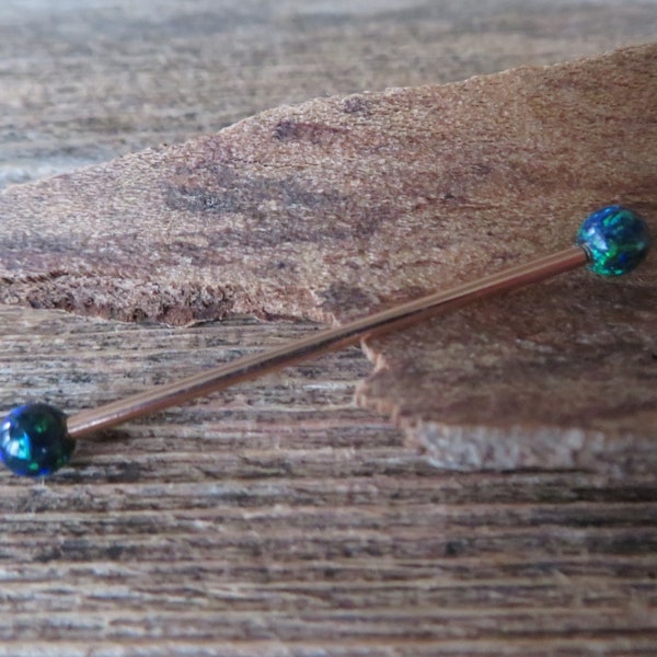 Rose Gold Ion Plated Navy-Blue Green Opal 100% Surgical Steel Industrial Scaffold Barbell 14G (1.6mm) Piercing Minimalist