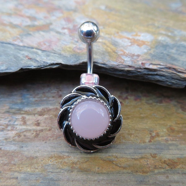 Rose Quartz Sunflower Natural Stone Belly Ring 14g (1.6mm) Piercing