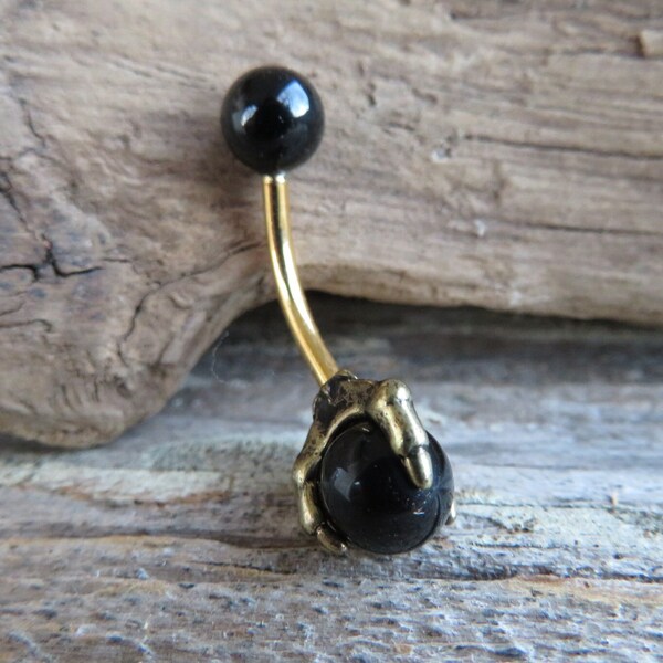 Black Obsidian Golden Claw Natural Stone Belly Ring 14g (1.6mm) Piercing