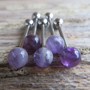 Custom Lengths Amethyst 5mm Natural Stone Barbell Tongue Ring 14g (1.6mm) Piercing