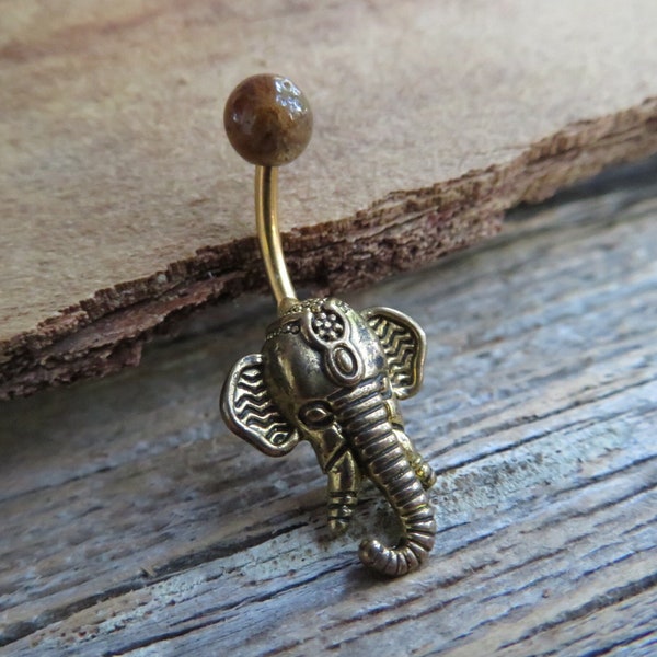 Tiger Eye Natural Stone Elephant Ganesh Belly Ring Piercing 14g (1.6mm) Piercing