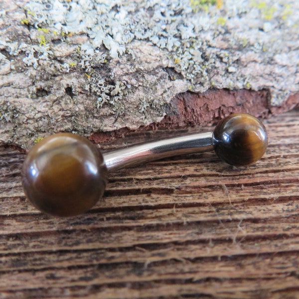 THICK 12G or 10G Tiger Eye Natural Stone Belly Ring Curve 12G (2.0mm) 10G (2.5mm) VCH Piercing 6mm & 8mm Balls