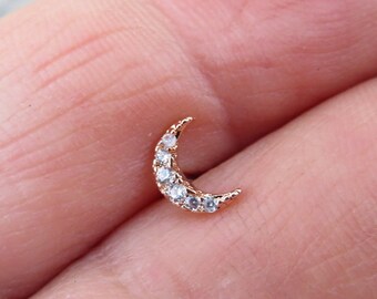 Rose Gold Crescent Moon Clear Crystal Gem Cartilage Tragus Flatback Barbell 16G (1.2mm) Piercing 6mm 8mm