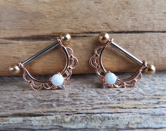 Rose Gold White Opal 14G or 16G Feminine Nipple Shields Pair