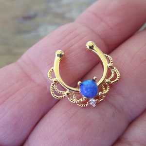 Blue Fire Opal Gold IP Faux Fake Septum Non Piercing