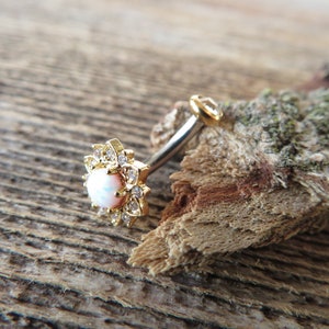Floating 14K Gold Plated Minimalist Custom Lengths Opal Crystal Flower Gems Belly Ring 14g VCH Internally Threaded Piercing