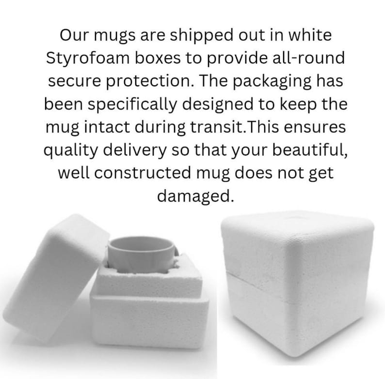 Puede incluir: Caja de poliestireno blanco con una taza blanca en su interior. La caja est&aacute; dise&ntilde;ada para proteger la taza durante el env&iacute;o.
