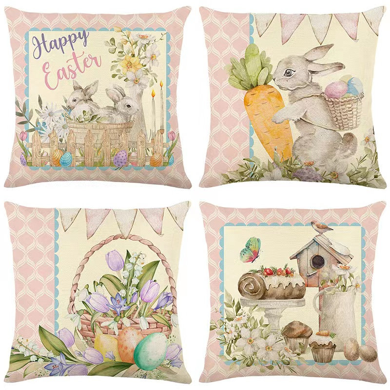 Coral Satin Pillowcase Small Pillows for Kids Easter Throw Pillow Covers  Cartoon Easter Bunny Eggs Decorative Pillowcase Cotton Pillow Cushion Case