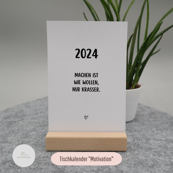 Tischkalender | Postkartenkalender | Kalender 2024 | Motivation-Mutmacher mit Aufsteller/Ständer Acryl Holz | 12 Sprüche | Motivationskarten