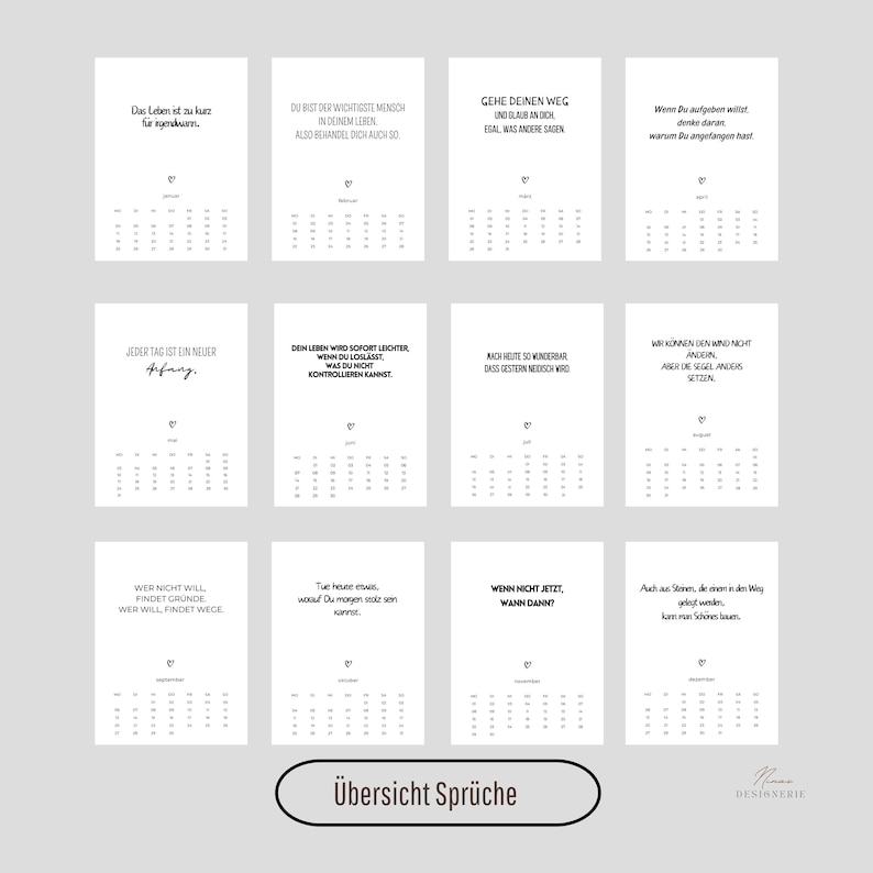 Pu&ograve; includere: Un calendario da parete di dodici pagine con fogli bianchi e citazioni in tedesco in nero per ogni mese, da gennaio a dicembre. Ogni pagina mostra una piccola icona a forma di cuore sopra il mese e una griglia con le date.