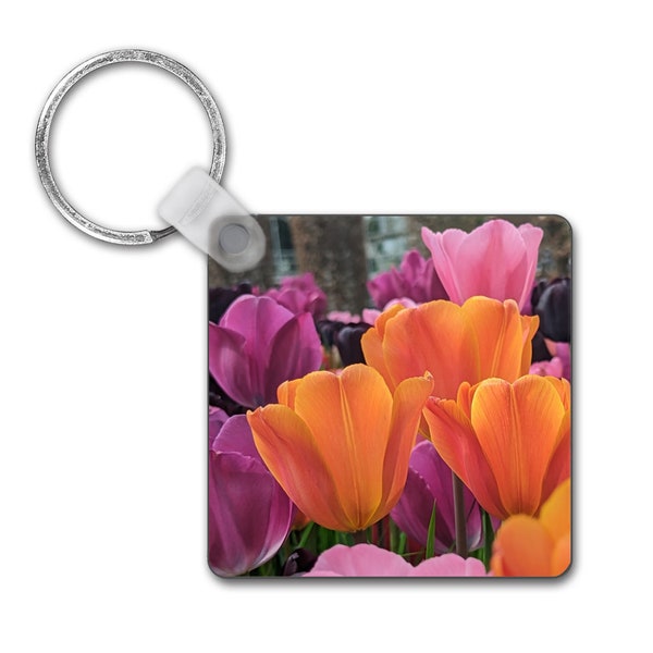 Beautiful Tulips Photo on Key fob, Can be personalised, Great gift idea for a tulip lover, Square Keyring Printed with multicolour tulips