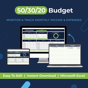 Peut inclure: Un modèle de feuille de calcul de budget 50/30/20 pour Microsoft Excel. Le modèle comprend une ventilation du budget, le suivi des revenus et des dépenses, et un diagramme circulaire. Le modèle est affiché sur un écran d'ordinateur, un ordinateur portable et un smartphone.