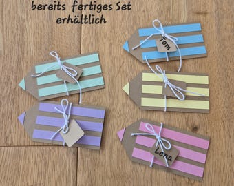 Mini pencils made of construction paper – table decorations for the first day of school, school cone celebrations, place cards for the start of school, DIY set or ready-made. Giveaways.