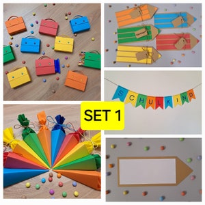 Deko-Set zur Einschulung. Ob Einladungskarten, Mini Schultüten, mini Schulranzen als Tischdeko/Gastgeschenke oder eine Schulkind-Girlande.