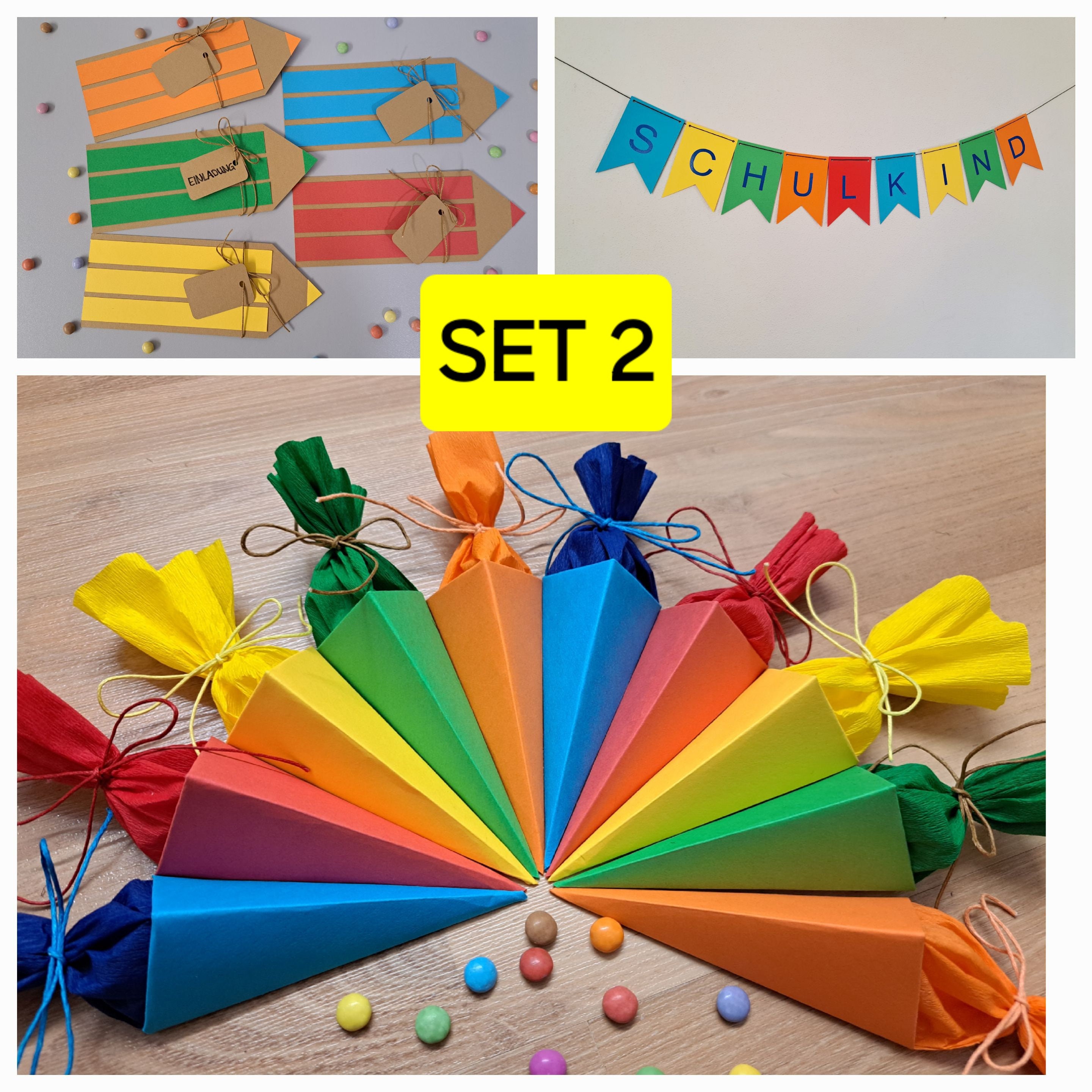 Deko-Set zur Einschulung. Ob Einladungskarten, Mini Schultüten, mini ...