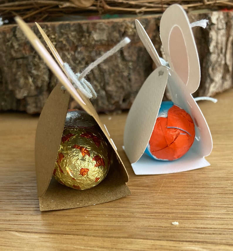 May include: Two small cardboard boxes shaped like bunnies, each holding a chocolate egg. One box is brown with a gold foil wrapped egg, the other is white with a blue and orange foil wrapped egg.