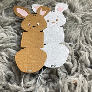 May include: Two bunny-shaped gift boxes, one brown and one white, with a string attached to each. The boxes are made of cardboard and have a textured surface.