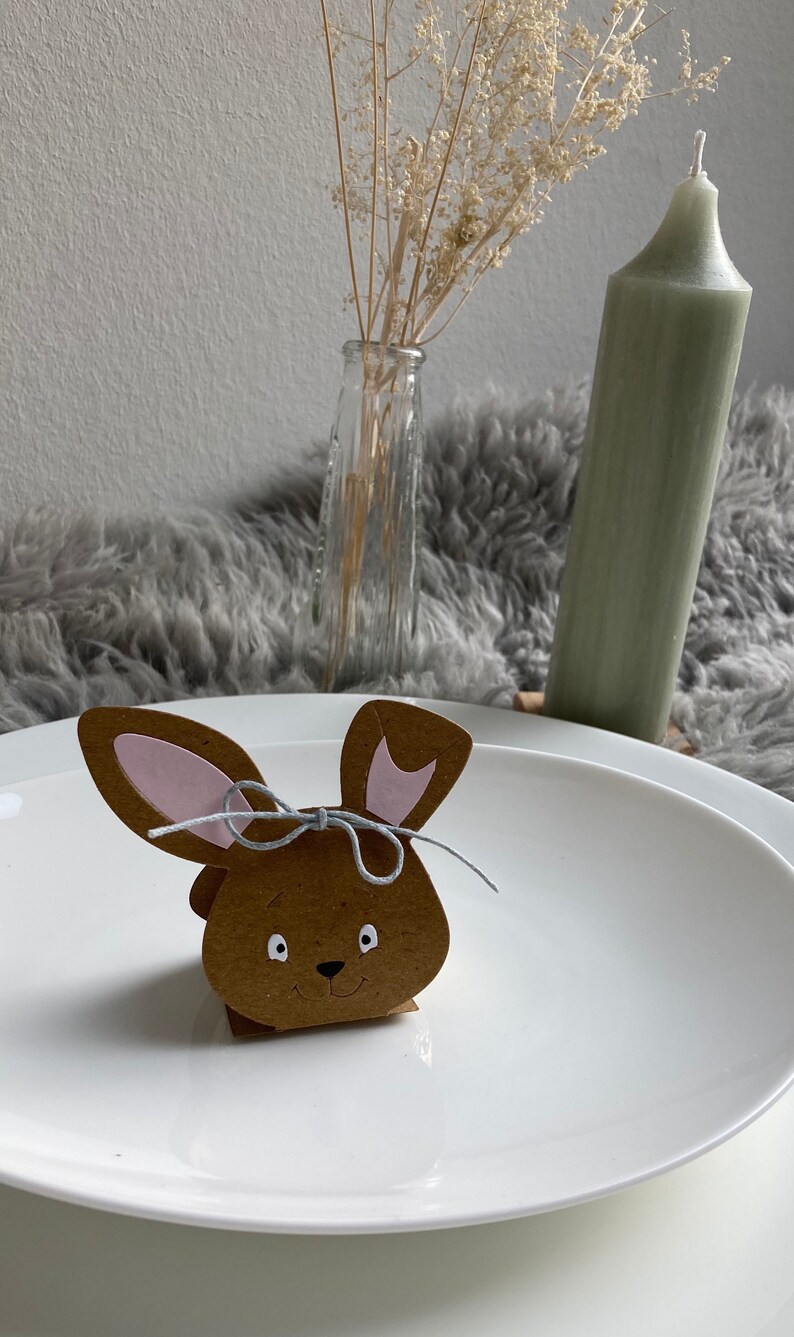 May include: A brown bunny-shaped cardboard box with pink ears and a gray ribbon tied around the neck. The box is sitting on a white plate.