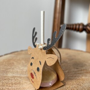May include: A brown cardboard reindeer head with black antlers and a red nose holds a round lollipop. The lollipop is wrapped in clear plastic and has a white and pink swirl design.