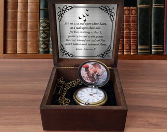 Custom Pocket Watch Anniversary Gift - Personalized Gift Box with Name, Date or Custom Message - Photo Pocket Watch with Wooden  Gift Box