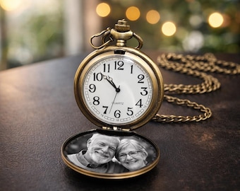 Personalized Photo Pocket Watch, Engraved Men's Wedding Groom Gift, Husband Anniversary Keepsake