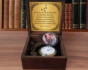 Montre de poche avec photo personnalisée, nom ou message - Montre de poche photo - Montre de poche personnalisée dans une boîte cadeau en bois - Idée cadeau personnalisée