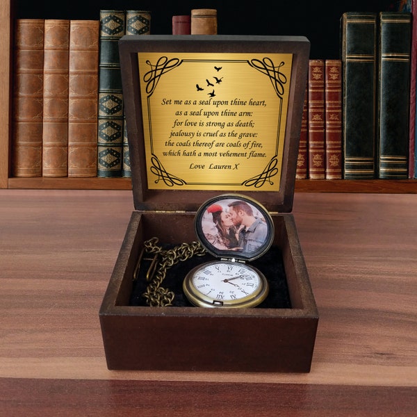 Montre de poche avec photo personnalisée, nom ou message - Montre de poche photo - Montre de poche personnalisée dans une boîte cadeau en bois - Idée cadeau personnalisée