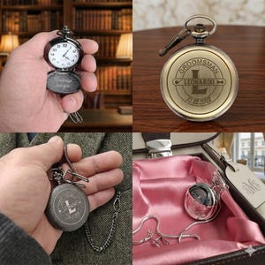 May include: A collection of pocket watches in various settings. One watch is open, revealing a clock face and the inscription "I'll always love you." Another watch is engraved with "Groomsman" and the name "Leonardo" with a date. The watches have chains.