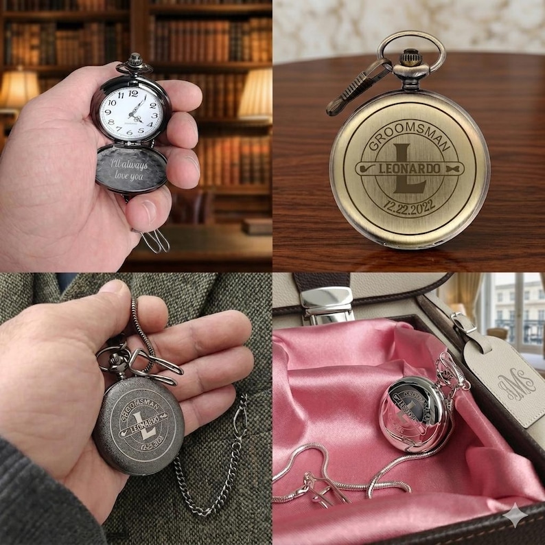 May include: A collection of pocket watches in various settings. One watch is open, revealing a clock face and the inscription "I'll always love you." Another watch is engraved with "Groomsman" and the name "Leonardo" with a date. The watches have chains.