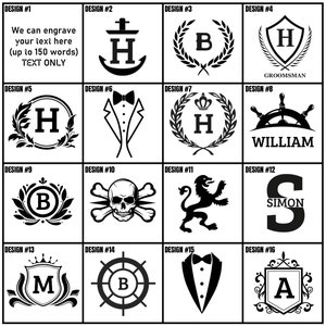May include: A grid of 16 black and white design options for engraving. Designs include initials within wreaths, a tuxedo, a skull and crossbones, a ship's wheel, and a lion. Text on the image says "We can engrave your text here (up to 150 words) TEXT ONLY."