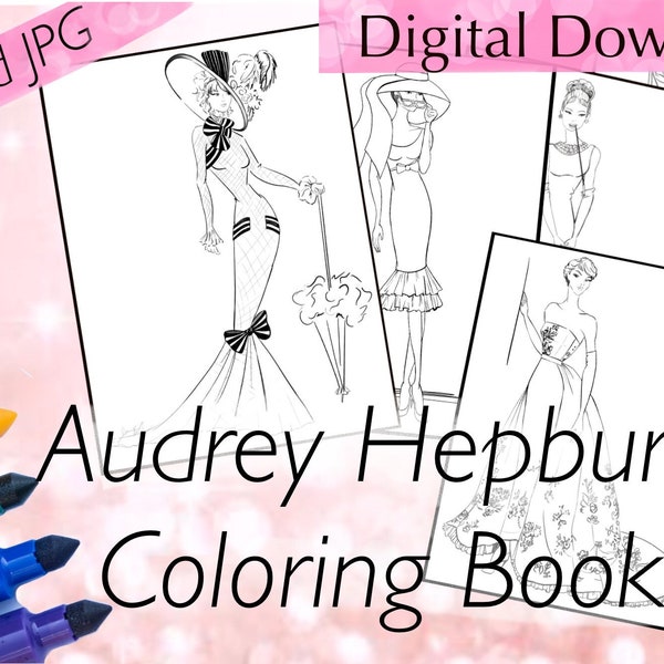 Audrey Hepburn INSTANT DOWNLOAD  Coloring Book, Printable Coloring Pages, Audrey Hepburn fashion sketches, Adult Coloring - jpg | PNG files