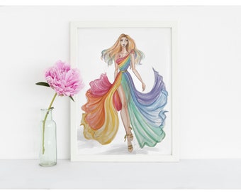 Illustrazione di moda, "Abito arcobaleno", arte da parete Pride, decorazione da parete per il mese del Pride, arte della moda con abito arcobaleno