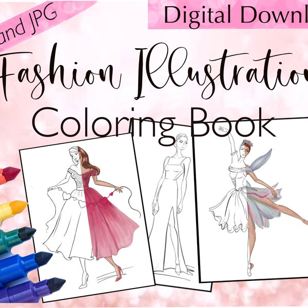 INSTANT DOWNLOAD - FASHION  Digital Coloring Book, Coloring Pages, original fashion sketches, Adult Coloring Printables , dress coloring