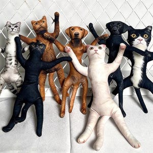 Könnte beinhalten: Eine Sammlung von sieben Plüschtierfiguren, darunter Katzen und ein Hund, mit realistisch gedruckten Fellmustern. Die Figuren sind mit ausgestreckten Gliedmaßen dargestellt und zeigen verschiedene Farben wie Schwarz, Weiß, Braun und Grautiger.