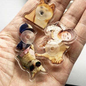 May include: Five clear acrylic charms with different images printed on them. The charms feature a dog, a baby, a cat, and two other images. Each charm has a clear adhesive backing.