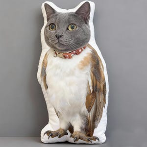 May include: A white cat-shaped pillow with a gray head, yellow eyes, and a red collar. The pillow has brown and white feathered wings and cat feet. The pillow is designed to look like a cat-owl hybrid.