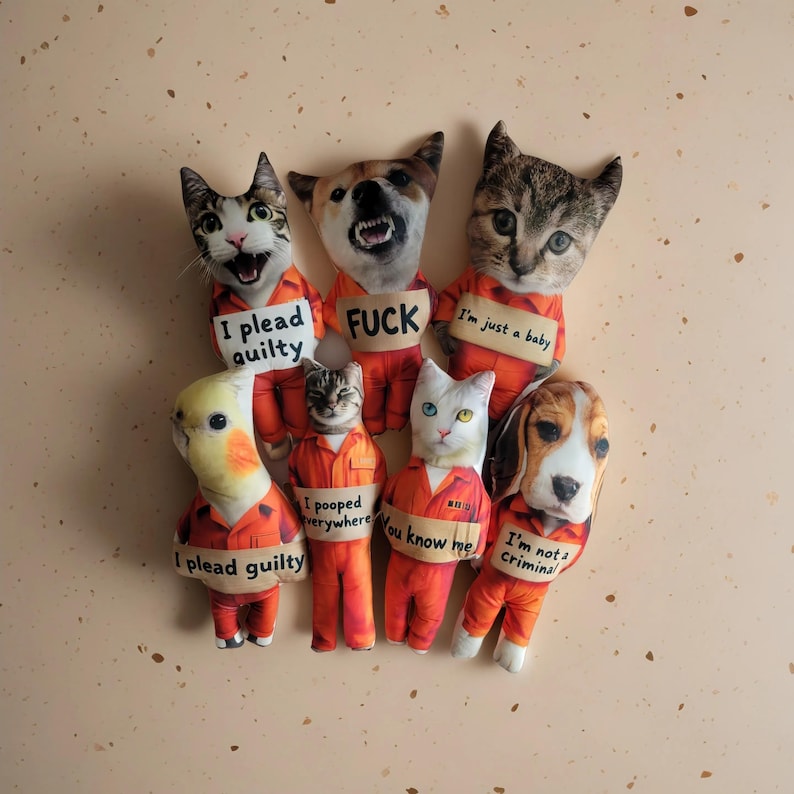 May include: A collection of plush animal heads, including cats, a dog, and a bird, wearing orange prison jumpsuits. Each plush has a sign with text such as "I plead guilty" and "I'm not a criminal."