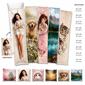 Könnte beinhalten: Eine Auswahl an Körperkissenbezügen und Zierkissen mit verschiedenen Designs. Die Körperkissenbezüge zeigen Bilder einer Frau, eines Golden Retrievers, eines Anime-Charakters, einer Berglandschaft und eines Kätzchens. Zierkissen zeigen eine Pagode, eine Frau, eine Katze, einen Sonnenuntergang, einen Hund und eine Berglandschaft.