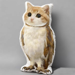 May include: A plush pillow shaped like a cat-owl hybrid. The pillow features a cat's face with large, round eyes and orange and white fur. The body has brown and white feathered wings and owl-like talons.