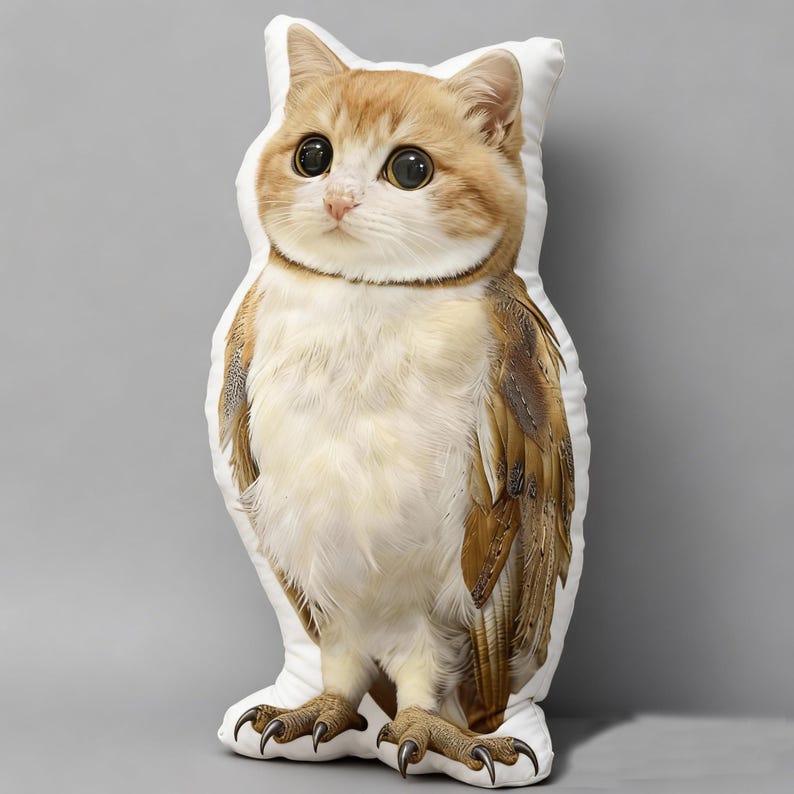 May include: A plush pillow shaped like a cat-owl hybrid. The pillow features a cat's face with large, round eyes and orange and white fur. The body has brown and white feathered wings and owl-like talons.