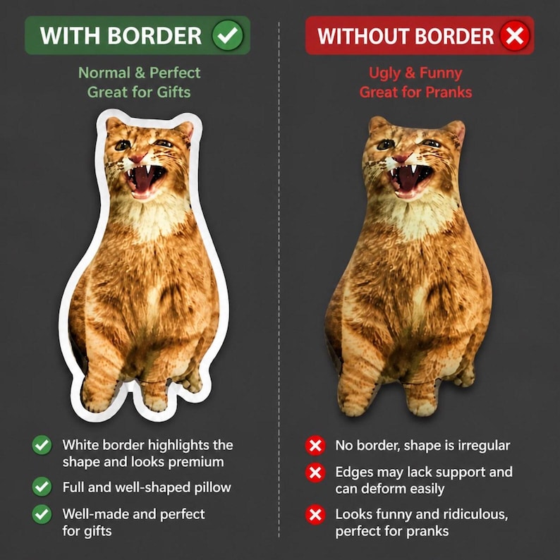 K&ouml;nnte beinhalten: Bild, das zwei kissenf&ouml;rmige Katzen vergleicht. Die linke Seite zeigt ein Kissen mit wei&szlig;em Rand, beschriftet mit "Mit Rand", und dem Text "Normal & Perfekt, Ideal f&uuml;r Geschenke". Die rechte Seite zeigt ein Kissen ohne Rand, beschriftet mit "Ohne Rand", mit dem Text "H&auml;sslich & Lustig, Ideal f&uuml;r Streiche".