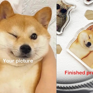 May include: A close-up of a dog with one eye closed, winking at the camera. The dog is light brown and white with a fluffy face. The text "Your picture" is written below the dog. On the right side of the image, a finished product is shown, a clear acrylic keychain with the same dog image.