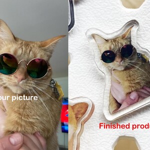 May include: A close-up of a cat wearing round sunglasses. The cat is being held by a person's hands. The image shows a finished product of a custom cat portrait on a clear acrylic keychain.