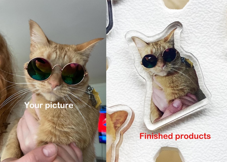 May include: A close-up of a cat wearing round sunglasses. The cat is being held by a person's hands. The image shows a finished product of a custom cat portrait on a clear acrylic keychain.
